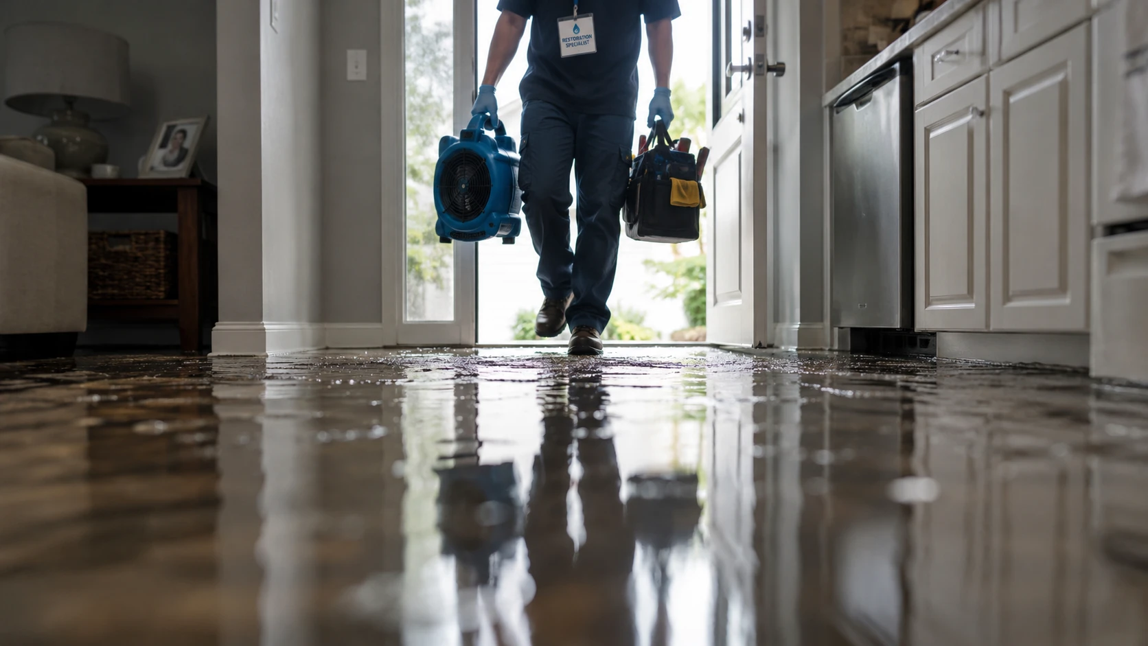 Restoration specialist walking into a flooded kitchen carrying drying equipment and toolbox.