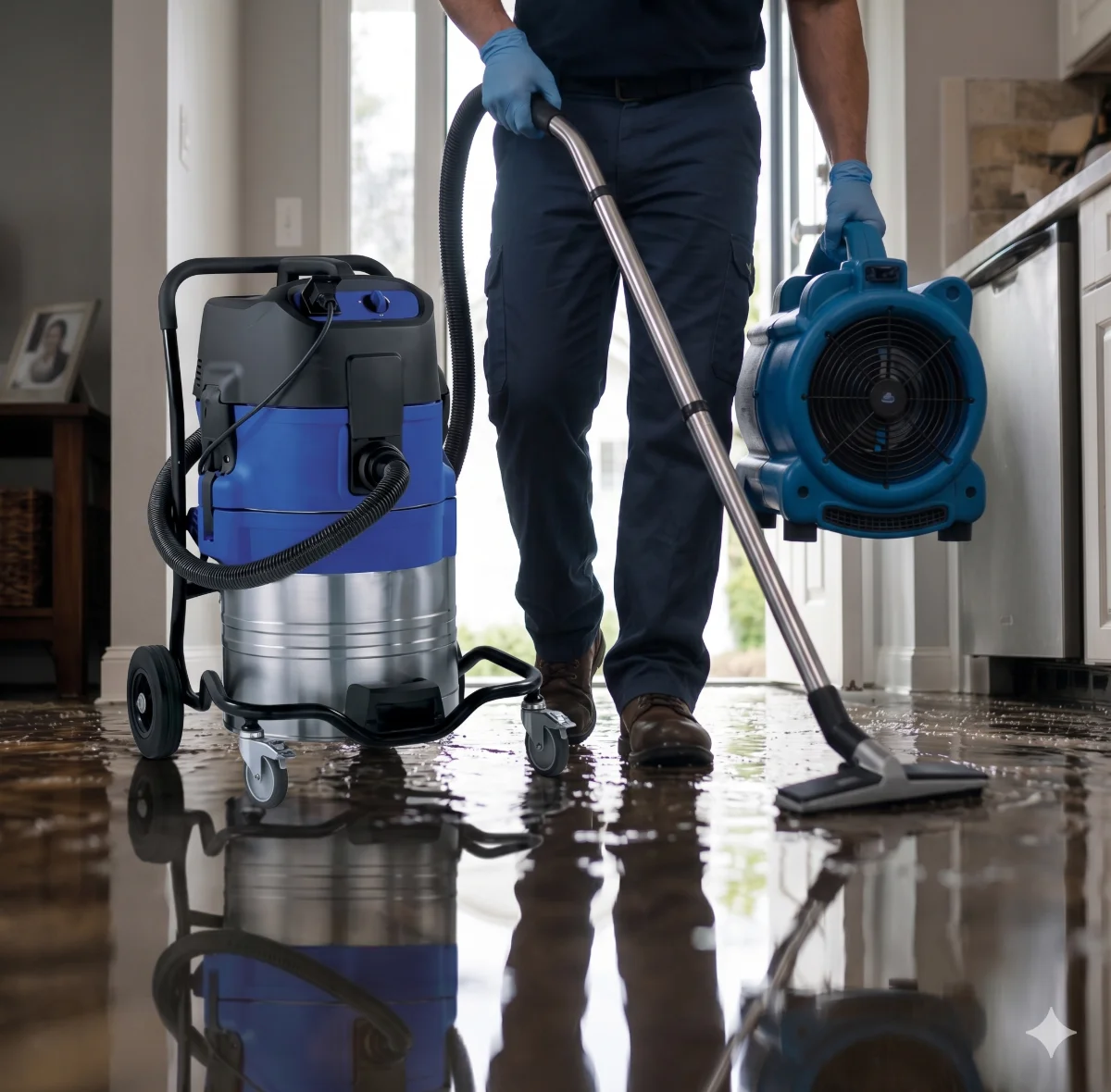 Worker using a wet vacuum and blower to clean up water on a flooded hardwood floor inside a house.