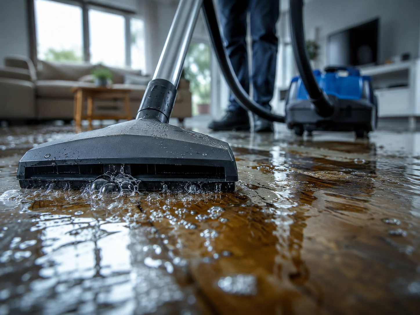 Close-up of vacuum cleaning up water on a flooded wooden floor in a living room.