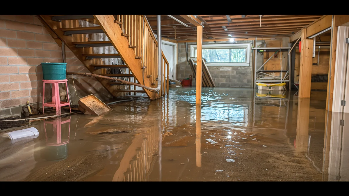 Flooded basement with water covering the floor and wooden staircase submerged.