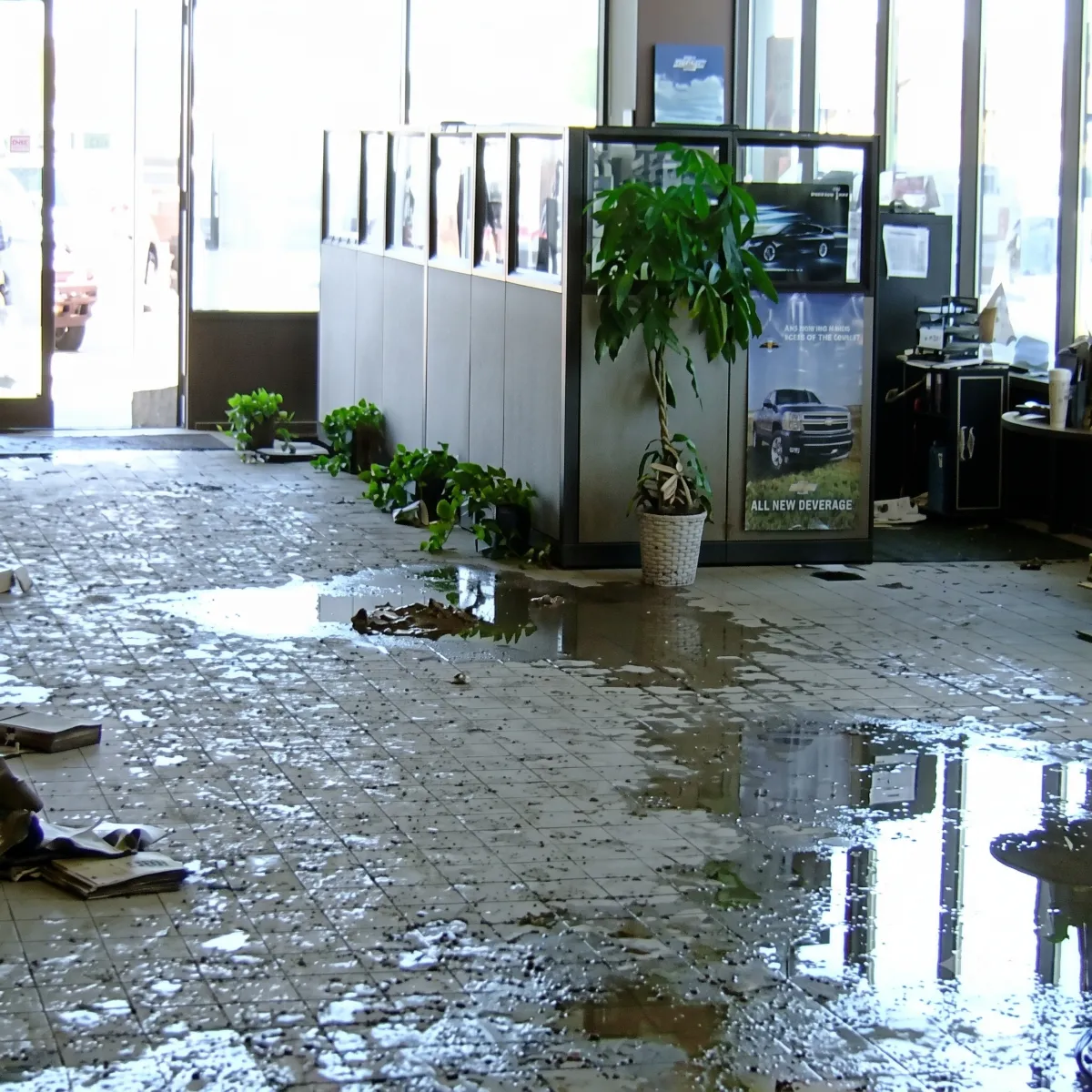 Office space flooded with water on tiled floor and scattered debris near workstations.