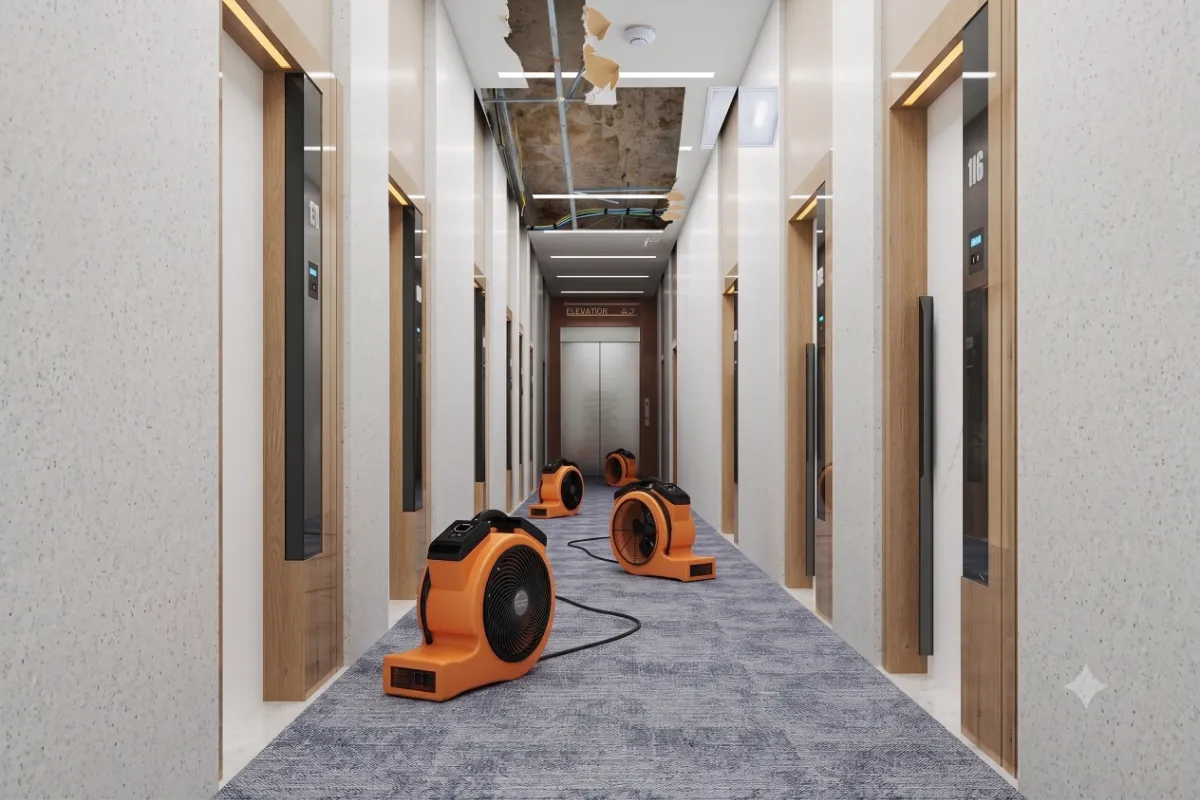 Multiple orange air movers drying a hallway with ceiling damage near elevator doors.