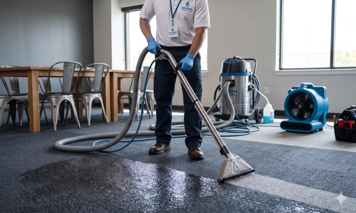 Worker in uniform cleaning wet carpet in office using a professional carpet cleaning machine.