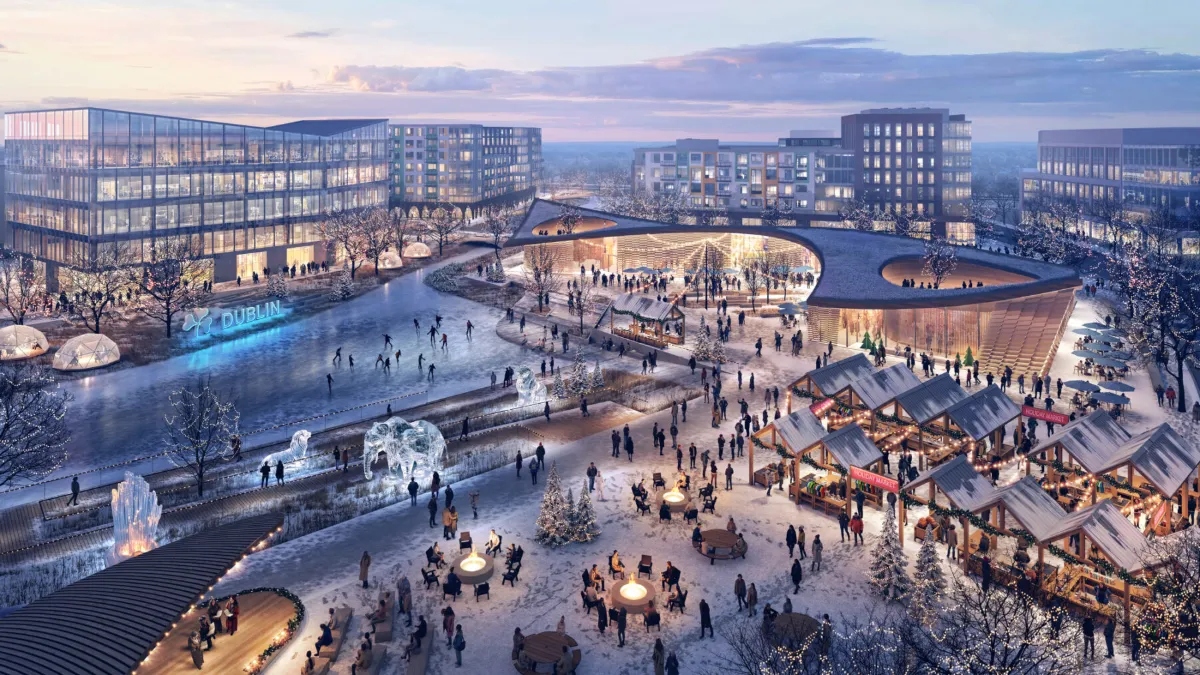Winter scene of a lively outdoor plaza with ice skating, holiday market stalls, ice sculptures, and modern buildings.