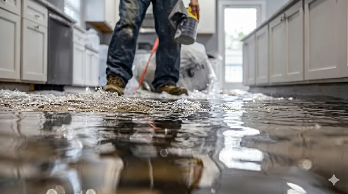 Person standing in a flooded kitchen with water splashing on the floor during cleanup.