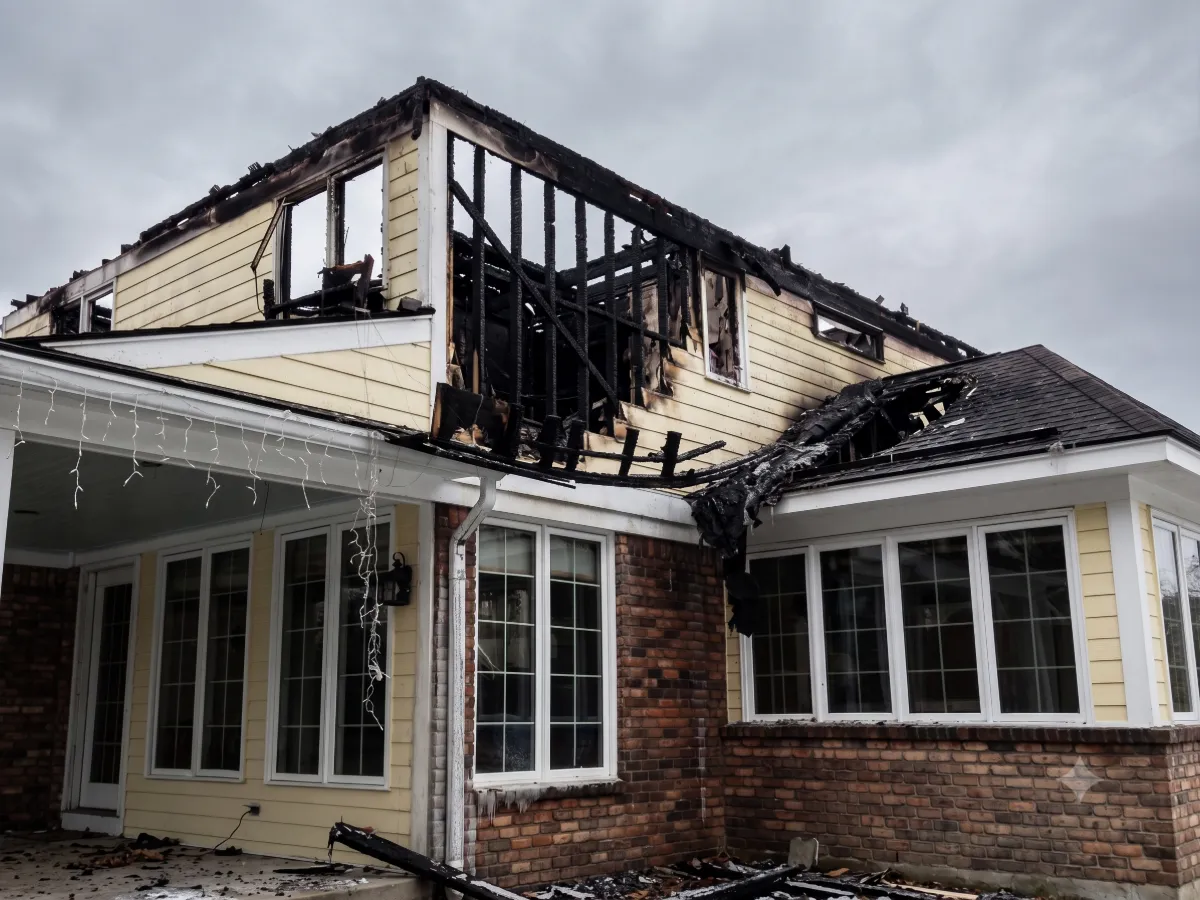 Two-story house with severe fire damage, charred roof and exposed interior framing under gray sky.