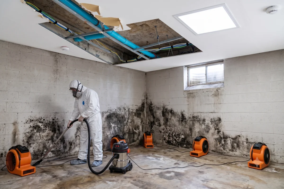 Person in protective suit cleaning black mold on basement wall with vacuum and fans drying the area