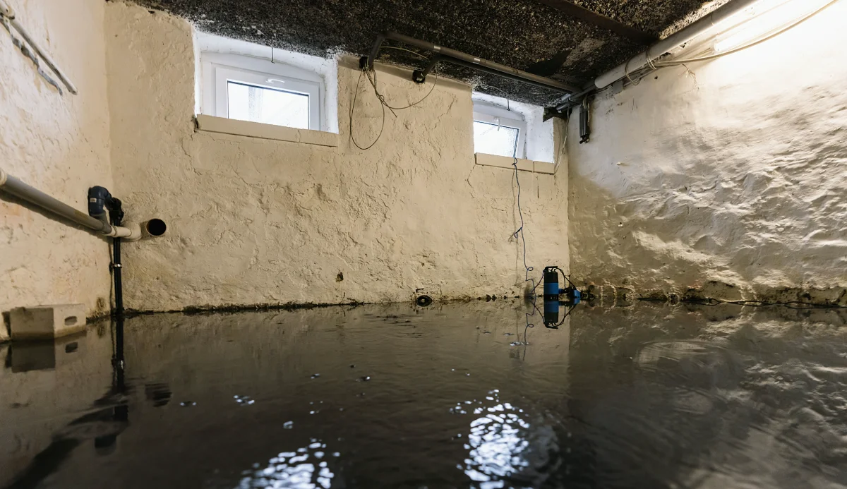 Flooded basement with water covering the floor and pump attached to the wall.