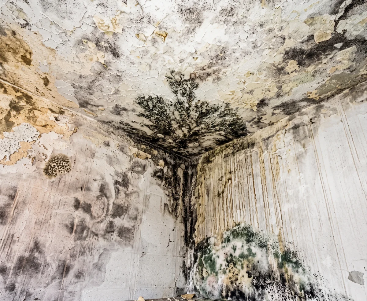 Corner of a room with extensive black mold, peeling paint, and water damage on walls and ceiling.