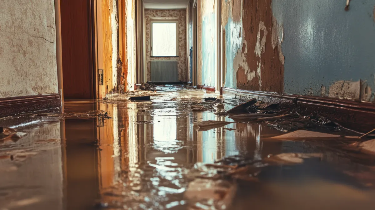 Flooded hallway with peeling paint and debris floating on stagnant water on the floor.