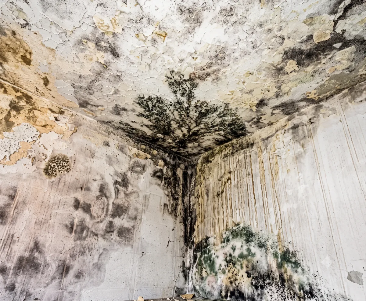 Severe mold damage and peeling paint on ceiling and walls in an indoor corner space.
