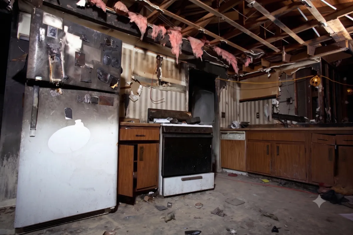 Fire-damaged kitchen with burned appliances, exposed ceiling, and scattered debris on the floor.