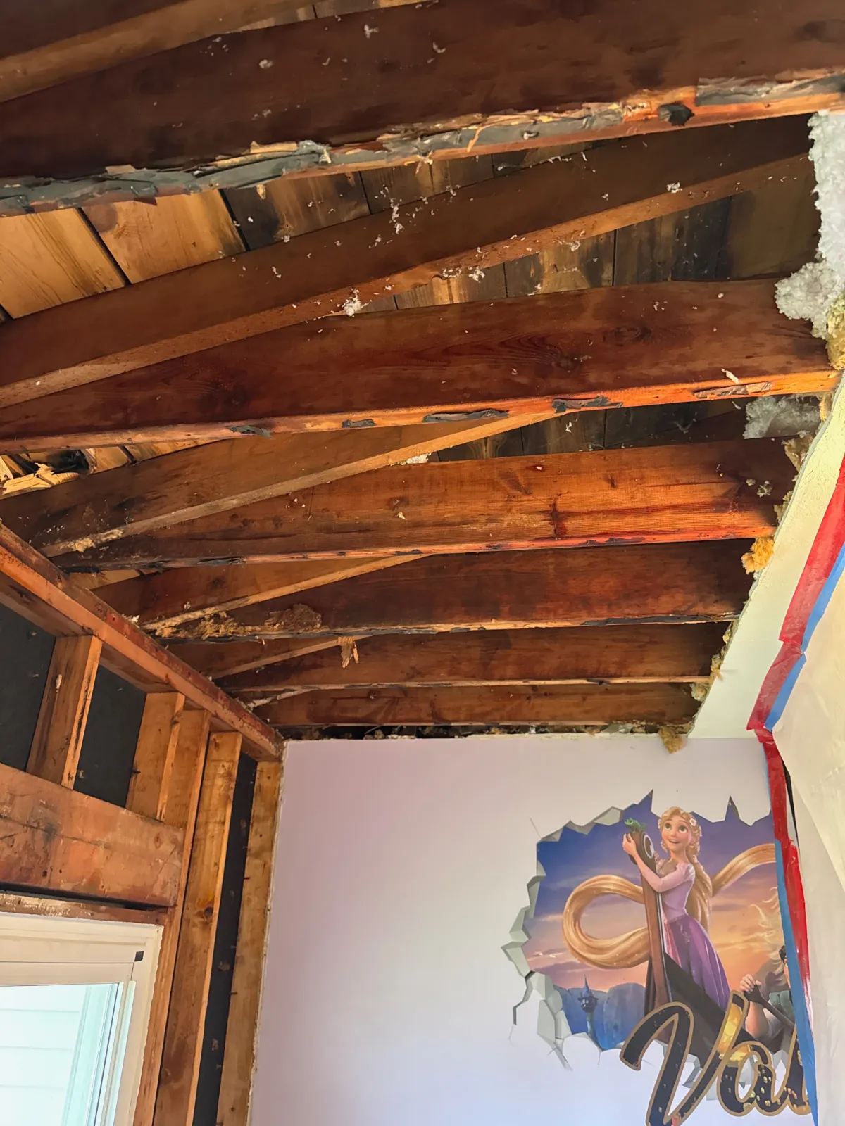 Exposed wooden ceiling beams with some fire damage in a room with a Disney Rapunzel wall decal.
