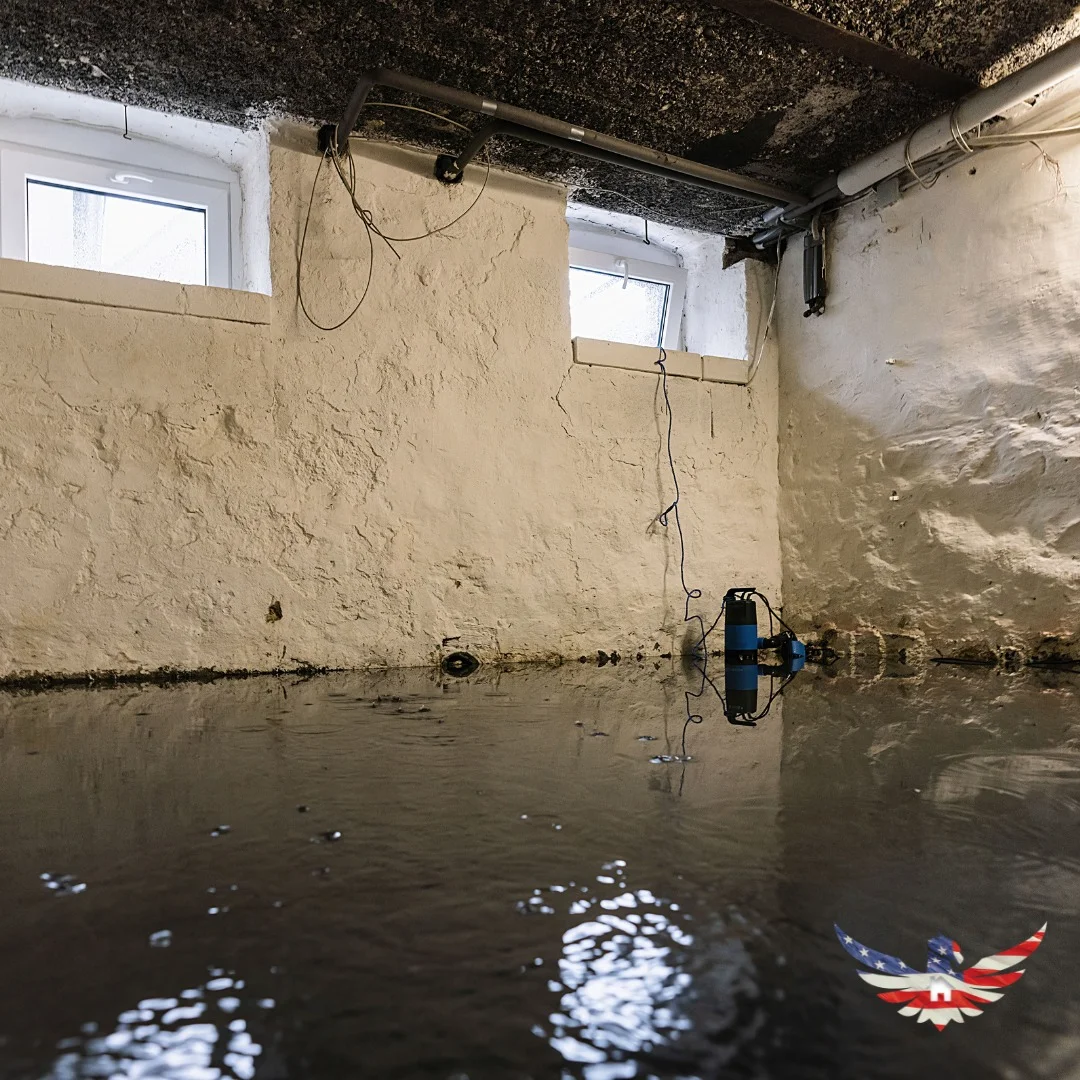 Flooded basement with murky water covering the floor and a submersible pump near the wall.