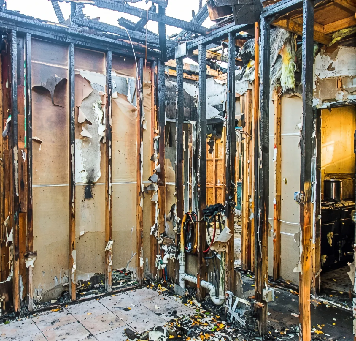 Interior of a house with severe fire damage showing charred wall studs, peeling drywall, and debris on the floor.