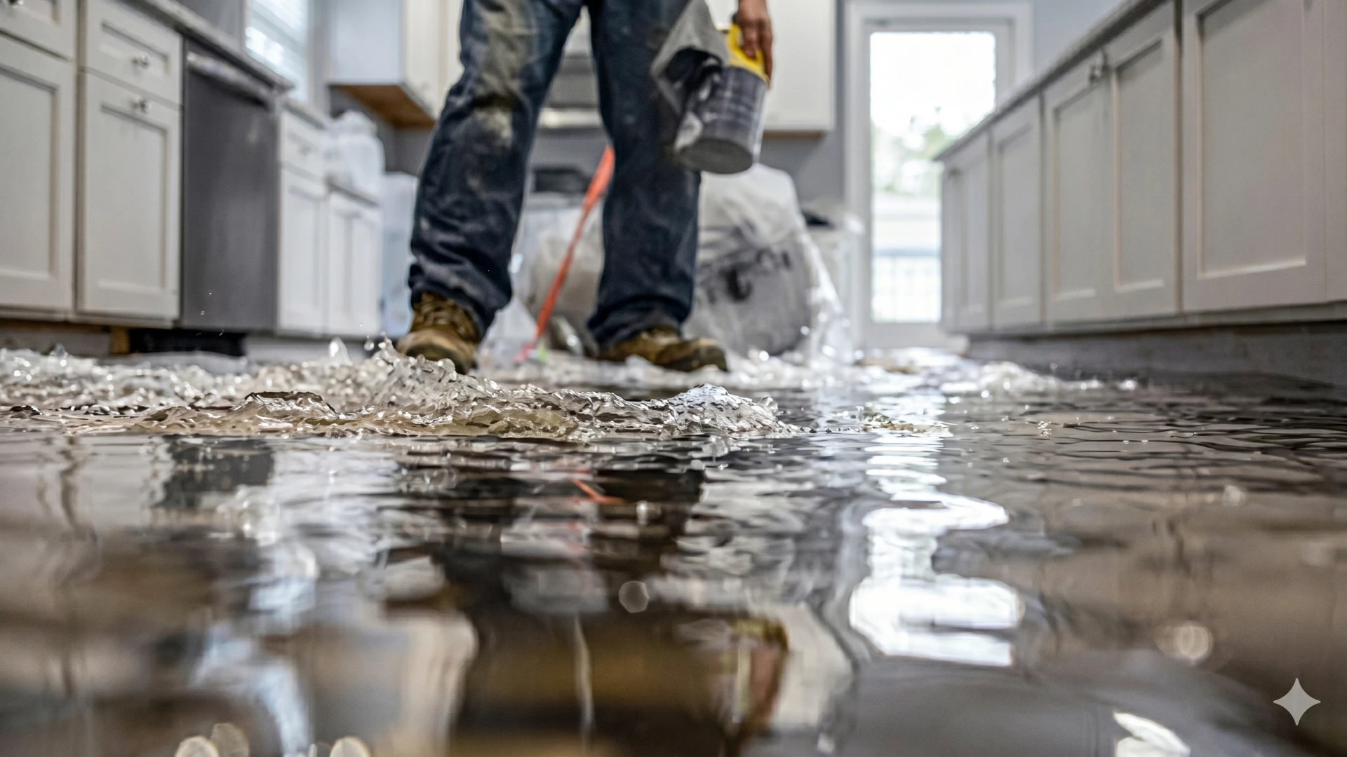 Person standing on a flooded kitchen floor with water rippling near their feet.