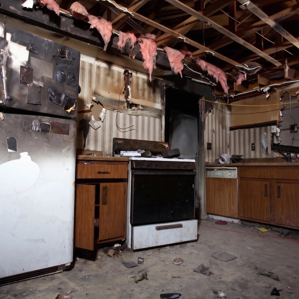 Fire-damaged kitchen with burnt refrigerator, stove, removed ceiling, and debris on the floor.