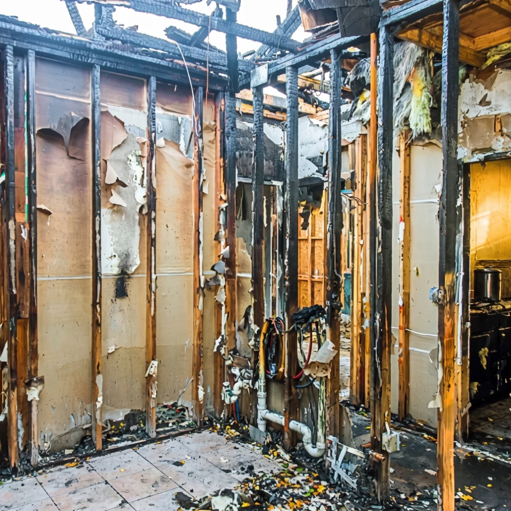 Interior of a building with extensive fire damage showing charred wooden frames and peeling walls.