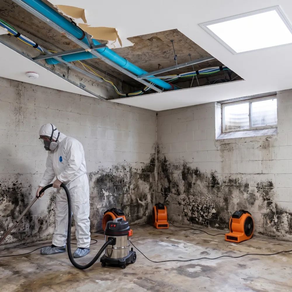 Technician in protective suit vacuuming mold from basement walls with drying fans running.