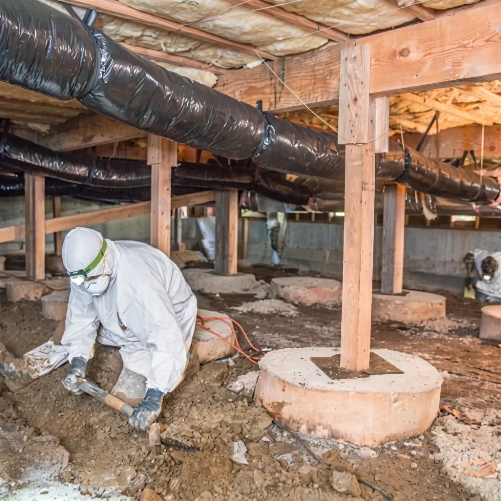 Person wearing protective suit and mask cleaning soil in a basement crawl space with exposed pipes.