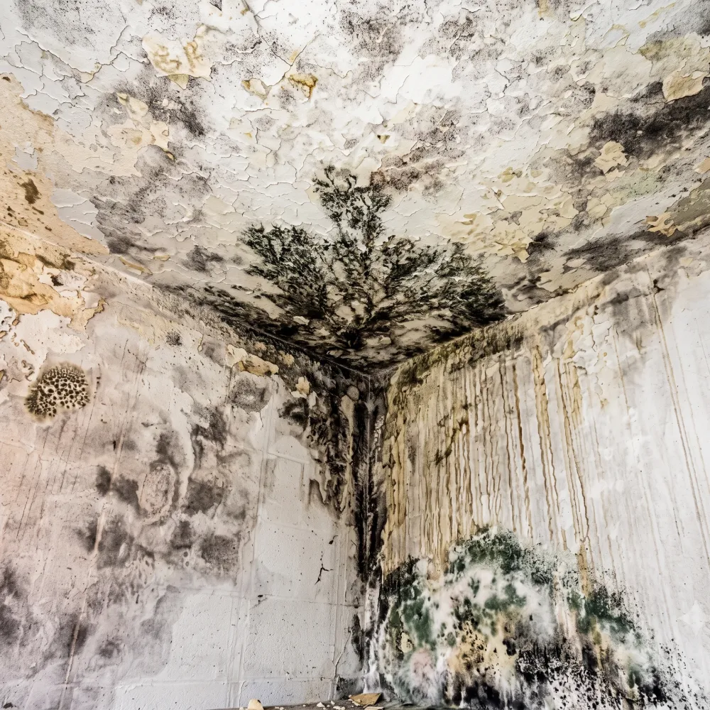 Corner of a room with severe black and green mold growth and peeling paint on walls and ceiling.