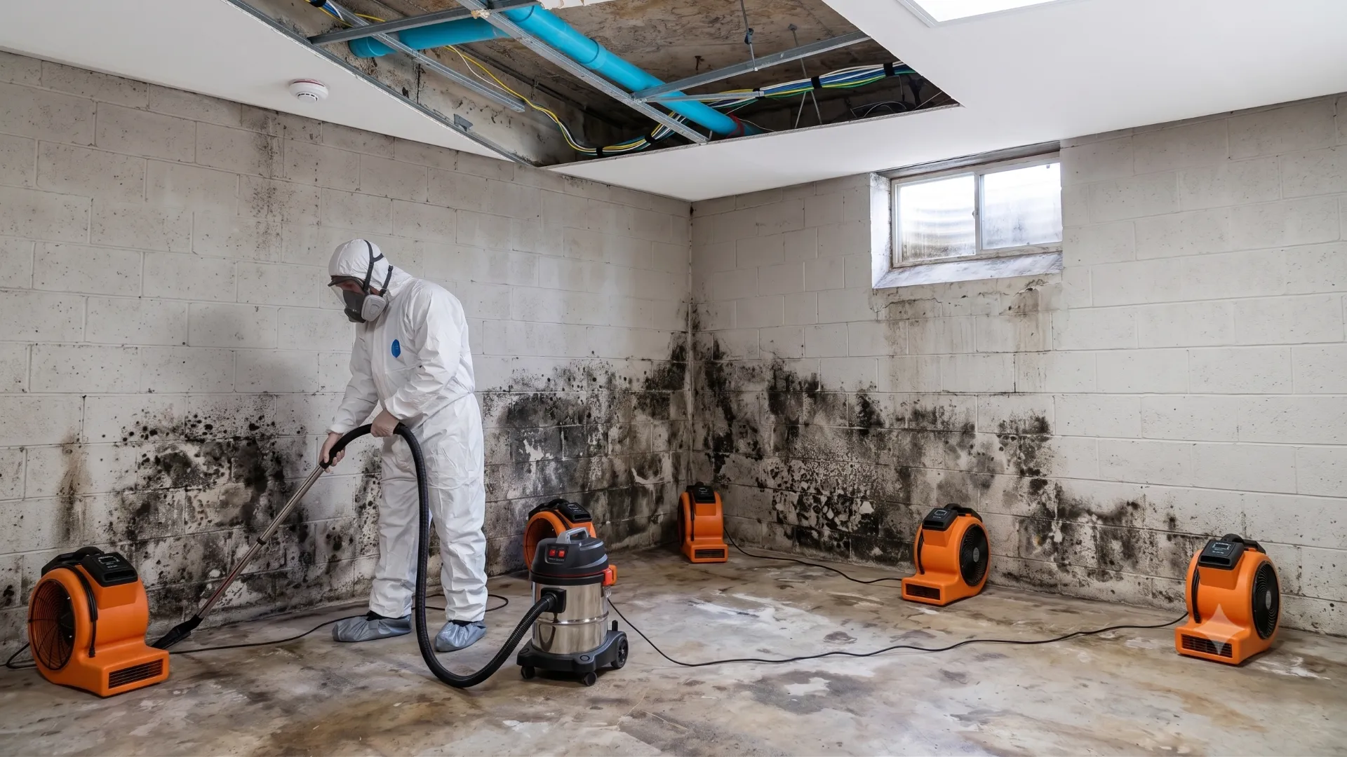 Technician in protective suit cleaning black mold from basement walls with vacuum equipment and fans.