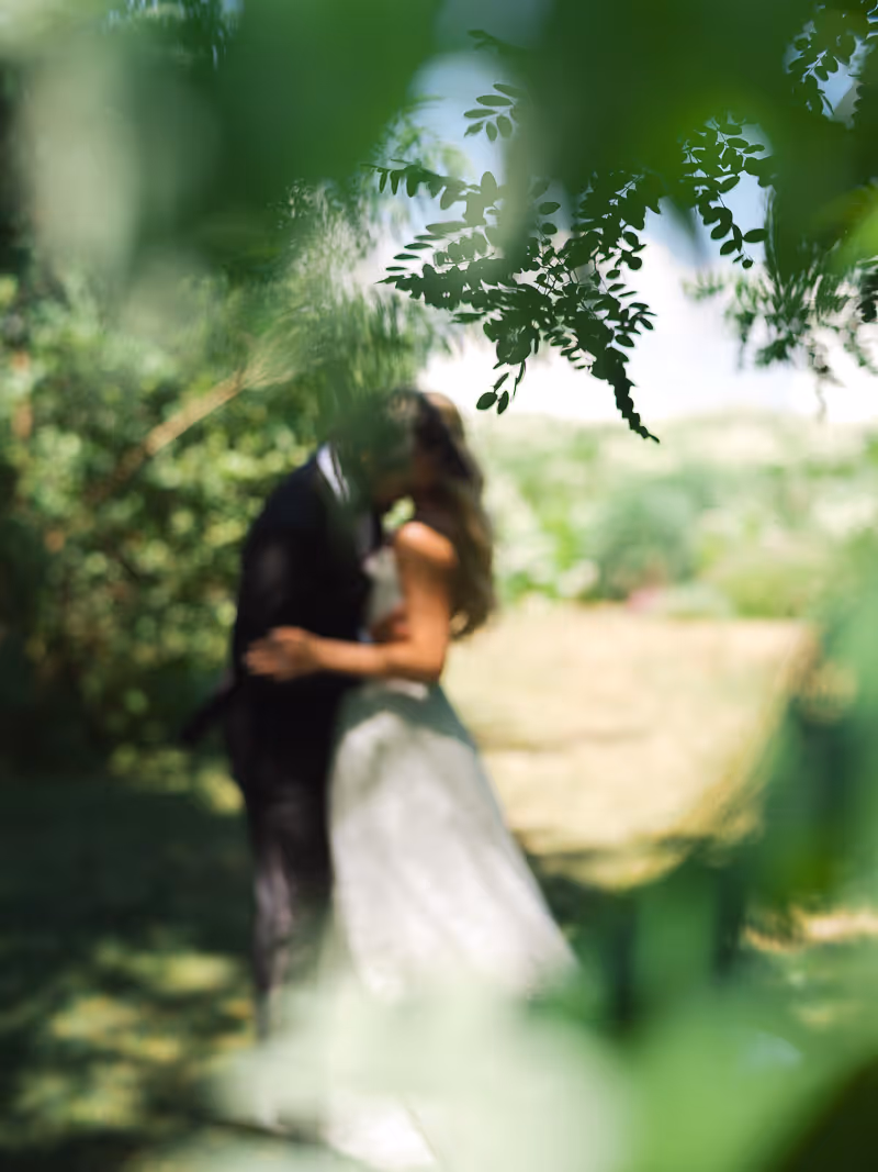 Bride and groom through the trees embracing. 