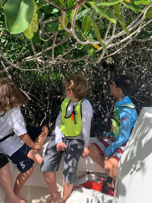 Three TVM students on a boat underneath the mangroves on a school trip.