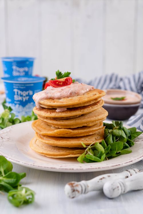 Chickpea Pancakes topped with Harissa Skyr