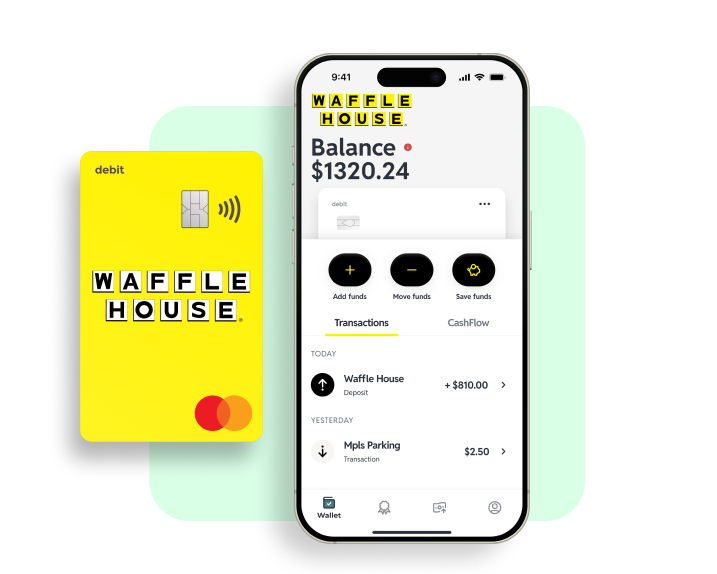 Yellow Waffle House debit card next to phone showing $1,320.24 balance with transactions listed.