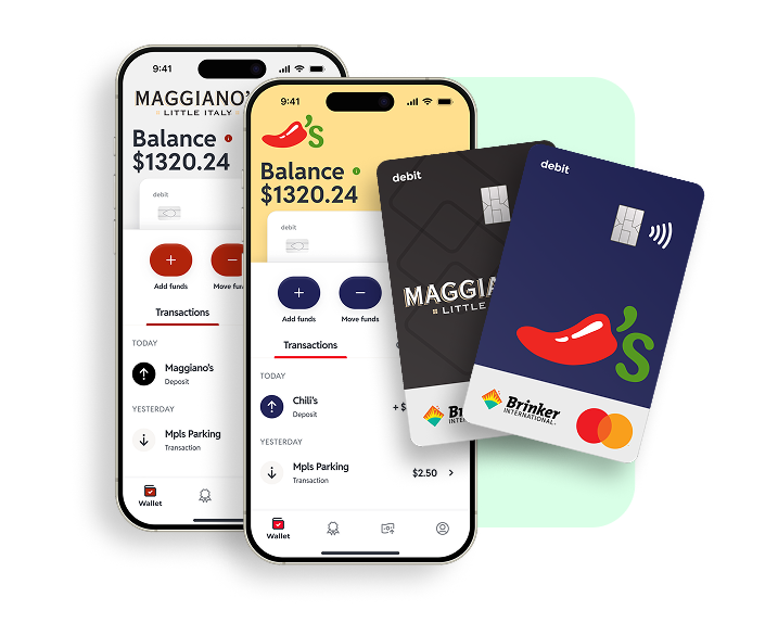 Mobile app showing account balances of Maggiano’s and Chili’s with Brinker debit cards displayed.