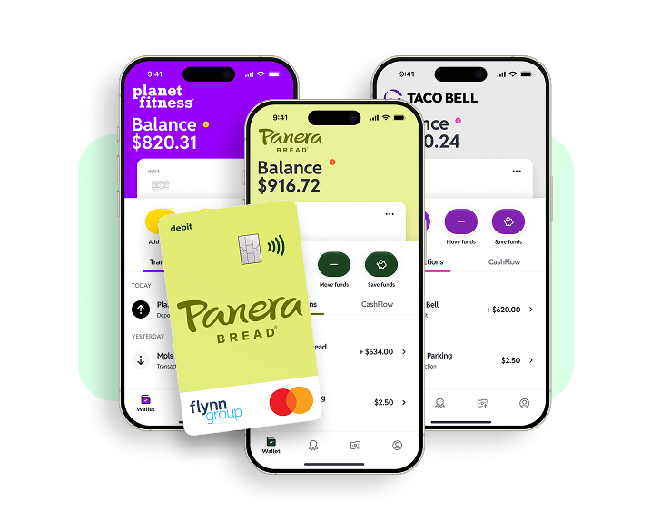 Three smartphone screens showing account balances for Planet Fitness, Panera Bread, Taco Bell, with Panera debit card.