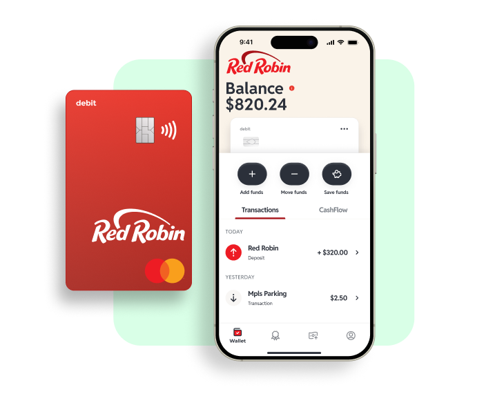 Red Robin debit card beside phone showing $820.24 balance and recent transactions in app wallet.