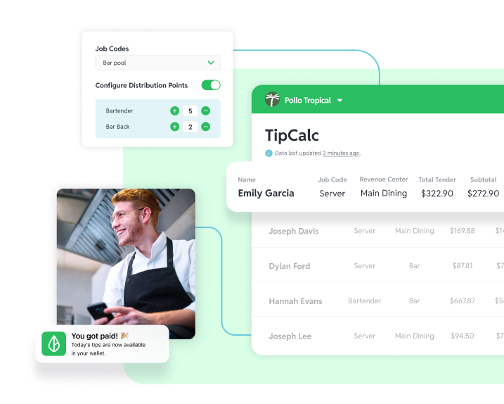 TipCalc app screen showing tip distribution for Pollo Tropical with employee names, roles, and earnings.