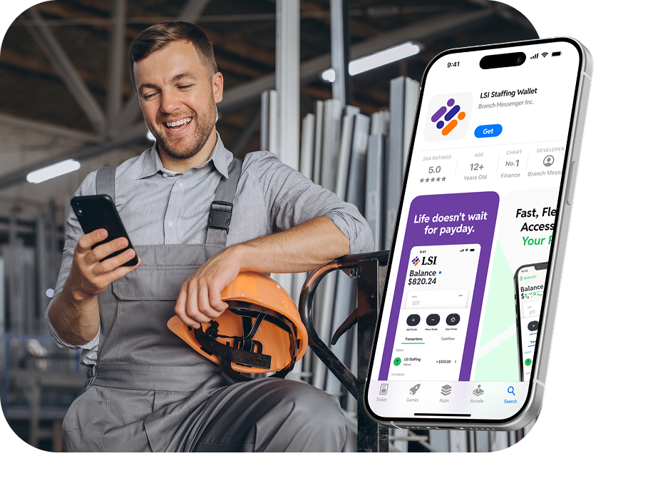 Smiling construction worker looking at phone next to an app screen displaying LSI Staffing Wallet details.