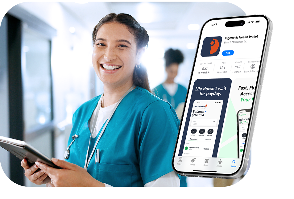 Smiling nurse in teal scrubs holding tablet, next to phone screen showing Ingenovis Health Wallet app.