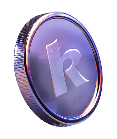 Shiny purple coin with a stylized letter 'R' embossed in the center and textured edges.