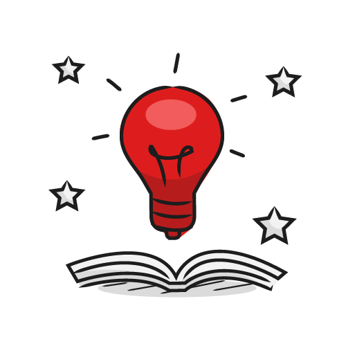 Una bombilla roja brilla sobre un libro abierto con cuatro estrellas a su alrededor, simbolizando ideas brillantes.