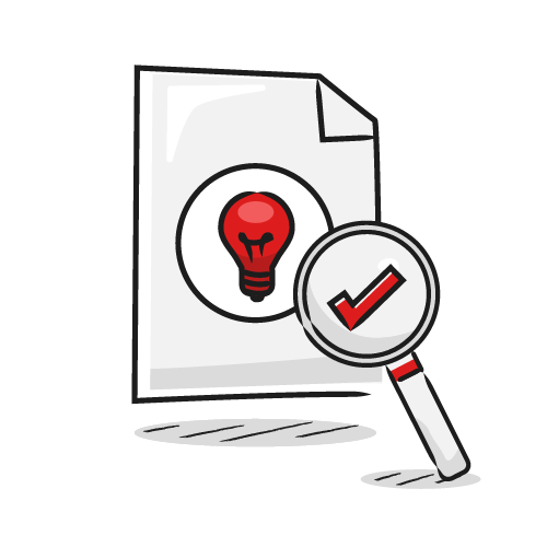 Lupa con una marca de verificación roja sobre un papel que muestra el icono de una bombilla roja.