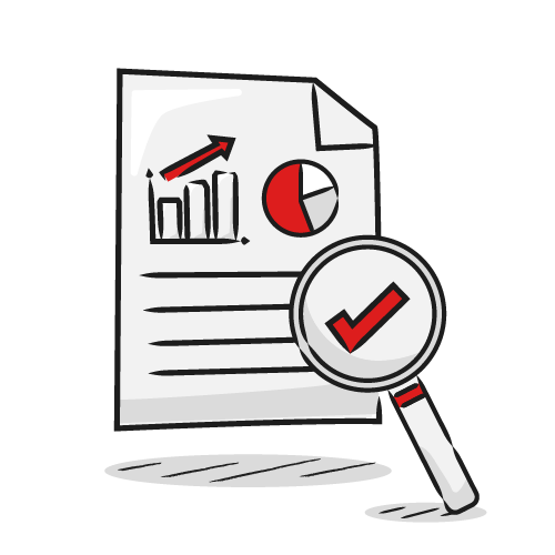 lupa con un signo ticket al centro, frente a un documento con gráficos y texto