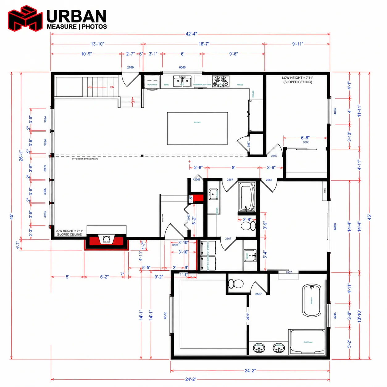 Sample as-built floor plan by UrbanMeasure showing room layout, doors, windows, fixtures and full dimension strings