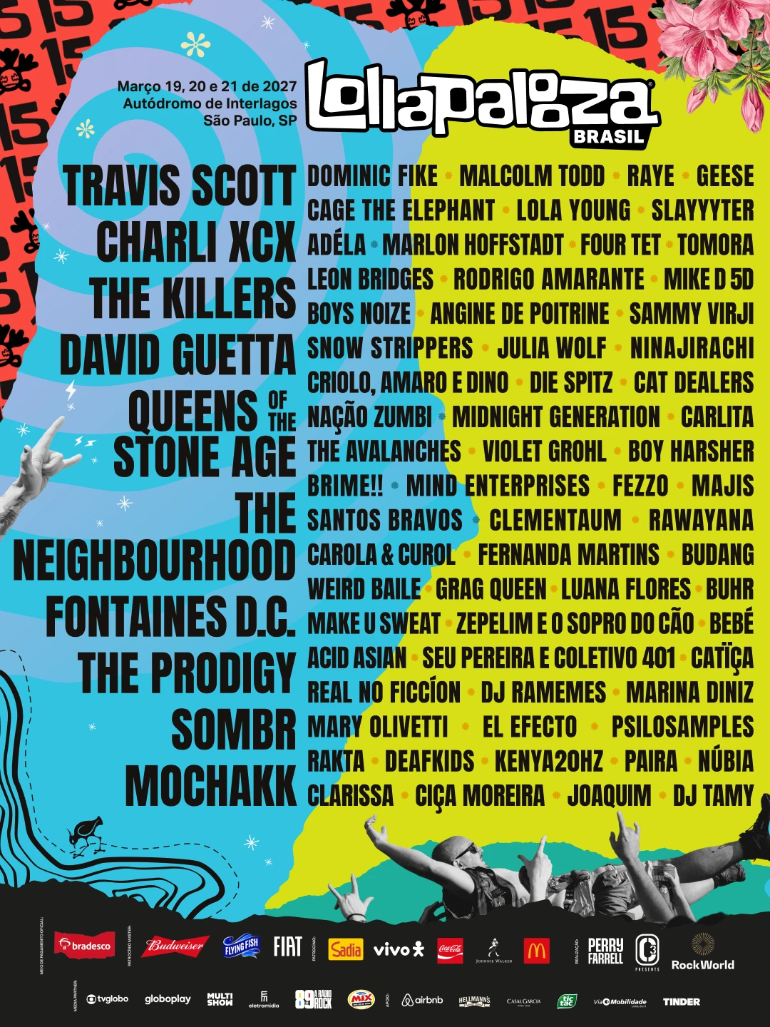 Cartaz do line-up do Lollapalooza Brasil 2027, 19, 20 e 21 de março de 2027 no Autódromo de Interlagos, São Paulo. Atrações principais: Travis Scott, Charli XCX, The Killers, David Guetta, Queens of the Stone Age, The Neighbourhood, Fontaines D.C., The Prodigy, Sombr e Mochakk.
