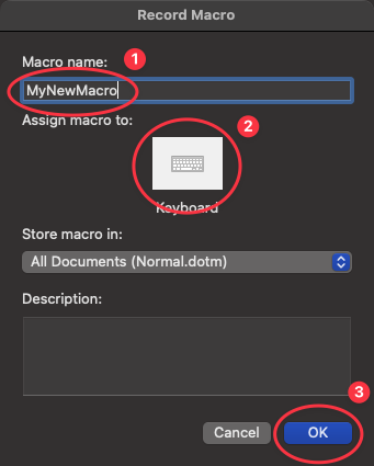 Word for Mac dialog to create a new macro