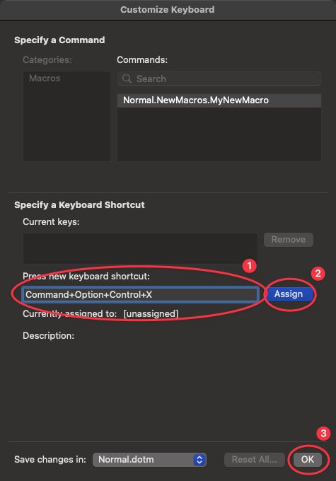 Word for Mac dialog to assign a keyboard shortcut to your new macro (optional)