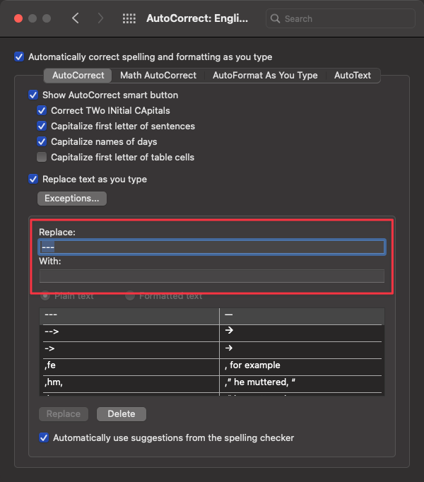 Dialog to add an AutoCorrect entry in Word