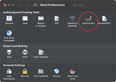 AutoCorrect in preferences in Word for Mac