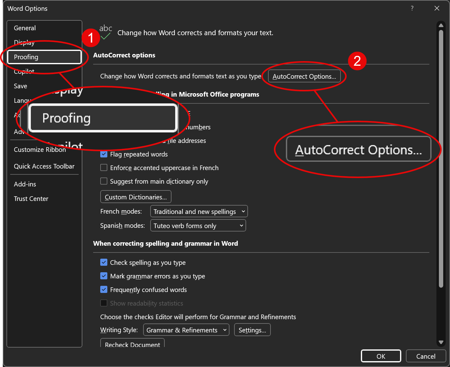 Access AutoCorrect using Options in Word for Windows