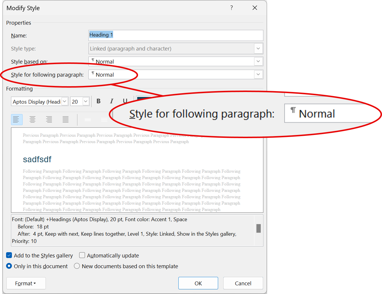 Modify Style dialog showing the Style for following paragraph setting