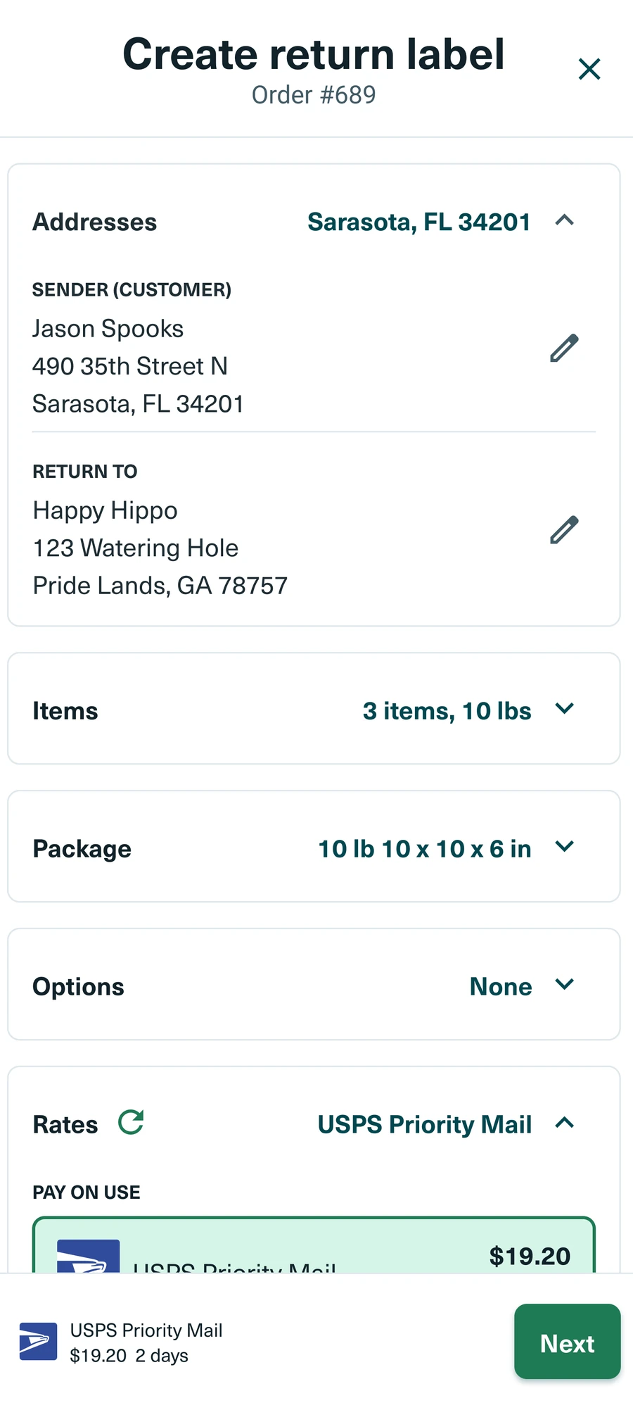 Shippo Create return label panel: swapped sender and return addresses, package details, and a pay-on-use USPS Priority Mail rate