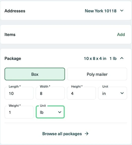 The package panel on Shippo's Order details screen, set to a 10 x 8 x 4 inch box weighing 1 lb